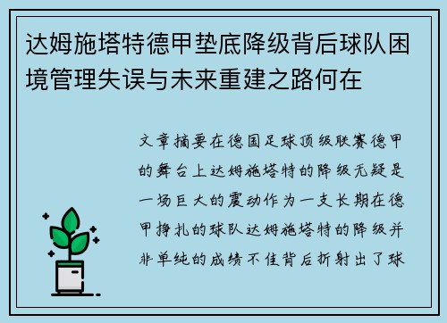 达姆施塔特德甲垫底降级背后球队困境管理失误与未来重建之路何在 达姆施塔特德甲垫底降级背后球队困境管理失误与未来重建之路何在